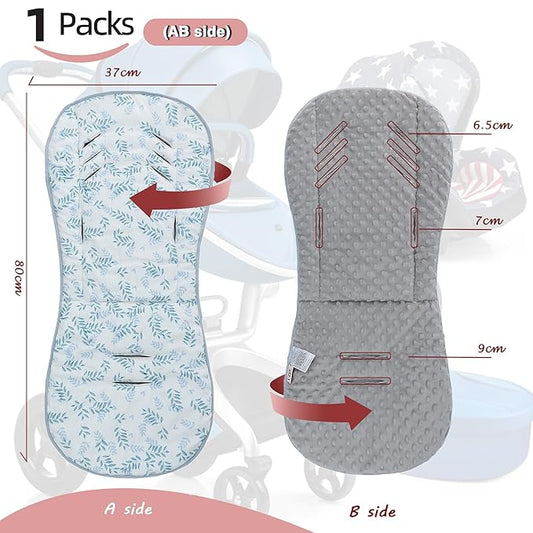 Baby Stroller Cushion,Soft Minky Dotted and Printed Stroller Seat Liner-Reversible Universal Breathable and Soft Newborn Stroller Pad, Cotton Infant Car Seat Insert-82x37cm,1 Pack(Blue Leaves)