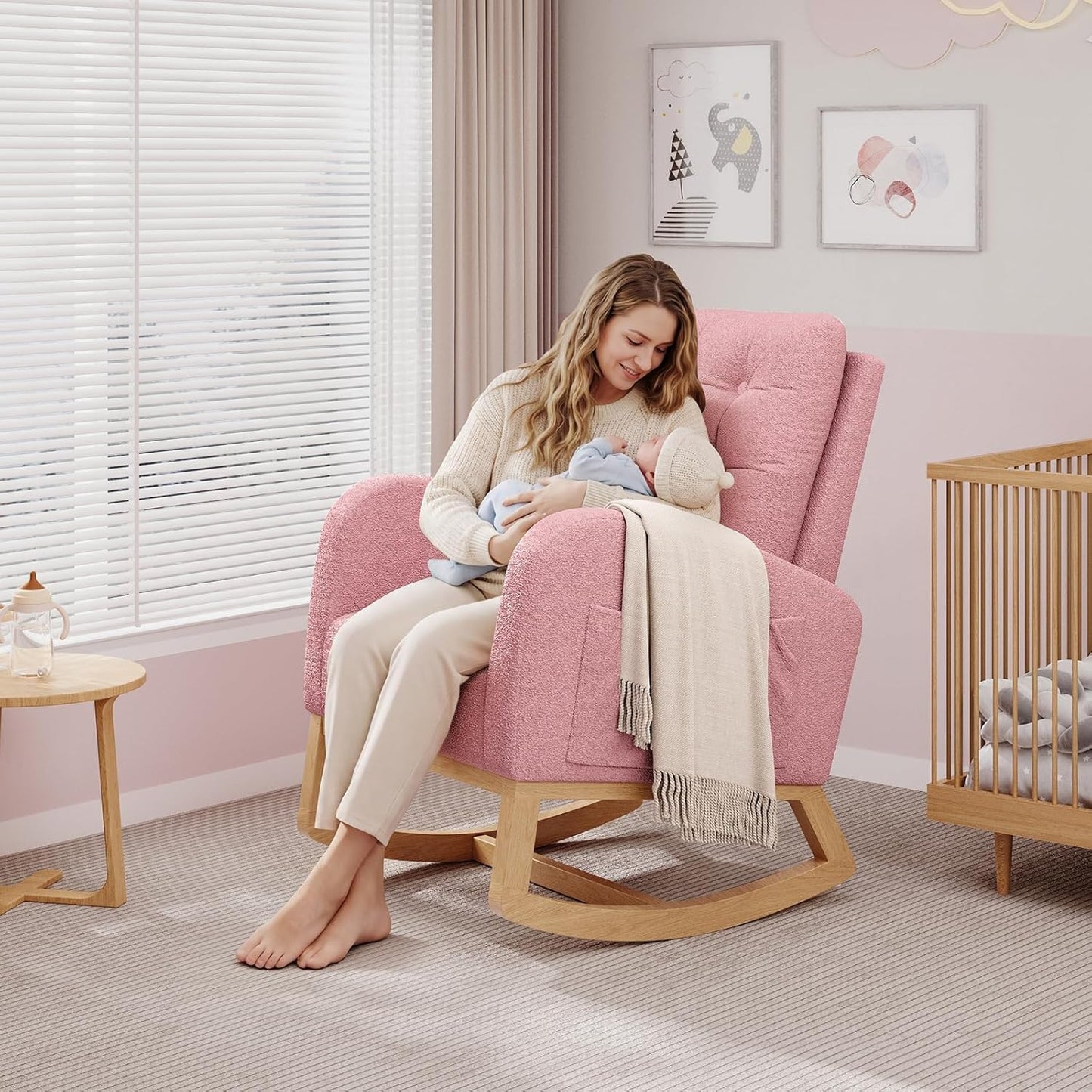 Modern Rocking Chair for Living Room, Comfortable Recliner Rocker with Side Pocket, Soft Linen Upholstered Glider Chair for Bedroom, Nursery, Lounge-Grey