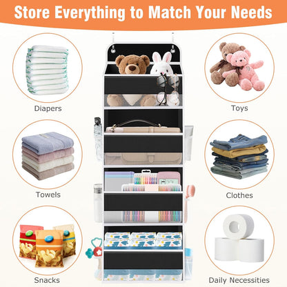 WISELIFE Over The Door Organizer Storage 4 Shelves Large Capacity Hanging Bedroom Storage Solution with 6 Side Pockets for Dorm Bathroom Pantry Nursery and Baby Essentials Holds up to 40 Lbs (Black)