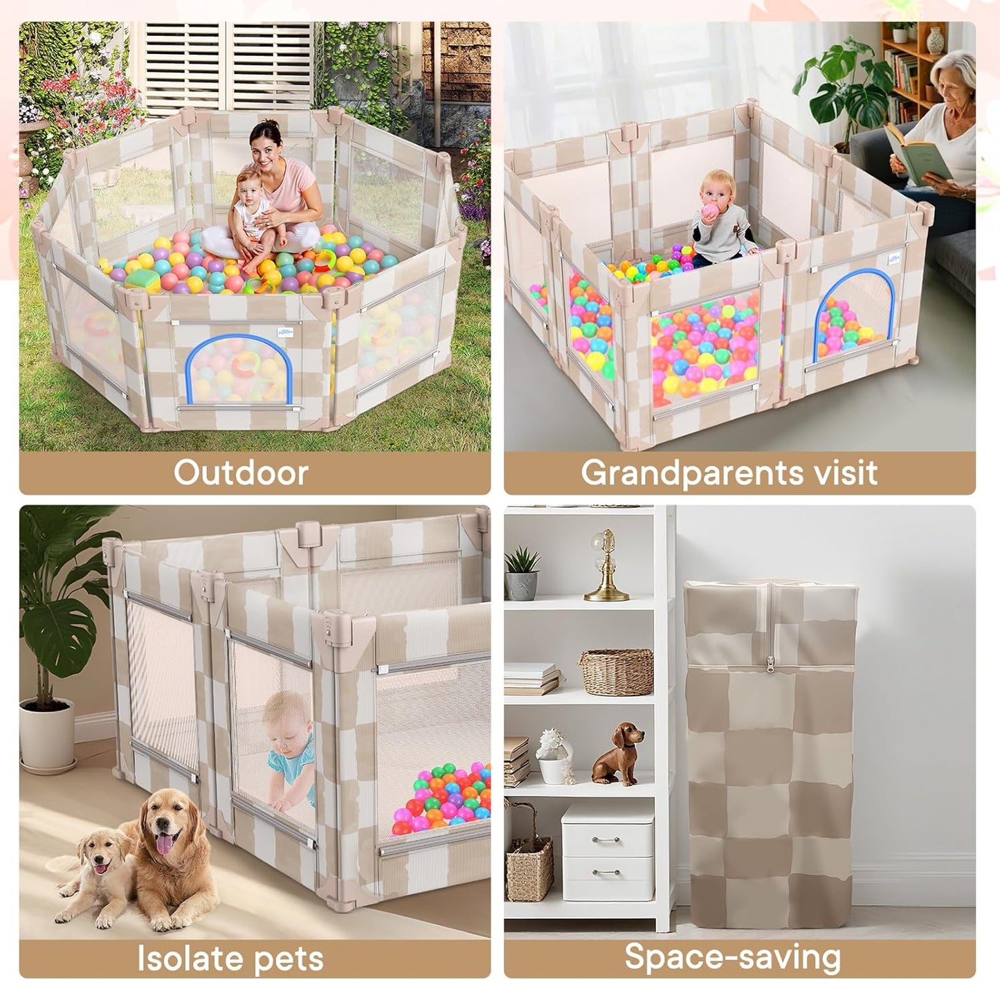 Baby Playpen for Babies and Toddlers, Upgraded 50x50 Inch Foldable No Assembly Required Play Yard with Breathable Mesh, Safe Playard with Gate, Indoor & Outdoor Infants Play Pen (1pc-Sand Checks)