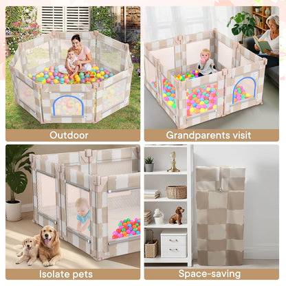 Baby Playpen for Babies and Toddlers, Upgraded 50x50 Inch Foldable No Assembly Required Play Yard with Breathable Mesh, Safe Playard with Gate, Indoor & Outdoor Infants Play Pen (1pc-Sand Checks)