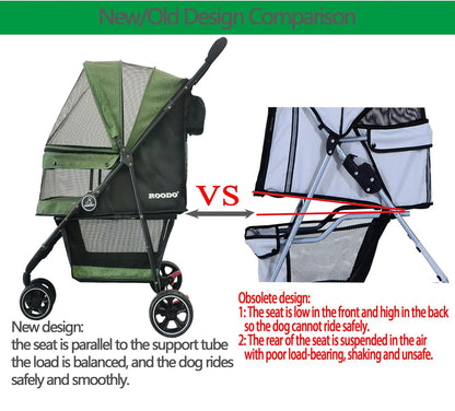 ROODO 3 Wheel Dog Pet Cat Stroller Best Lightweight Foldable Compact Portable Jogger All Terrain Travel Pet Gear Puppy Kitty Stroller for up to 30lbs Medium Small Dogs and Cats(Light Khaki)