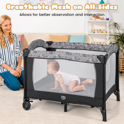 BABY JOY 3 in 1 Pack and Play, Portable Baby Playard with Bassinet, Changing Table, Lockable Wheels, Glowing Music Box, Travel Baby Crib Bassinet Bed from Newborn to Toddler