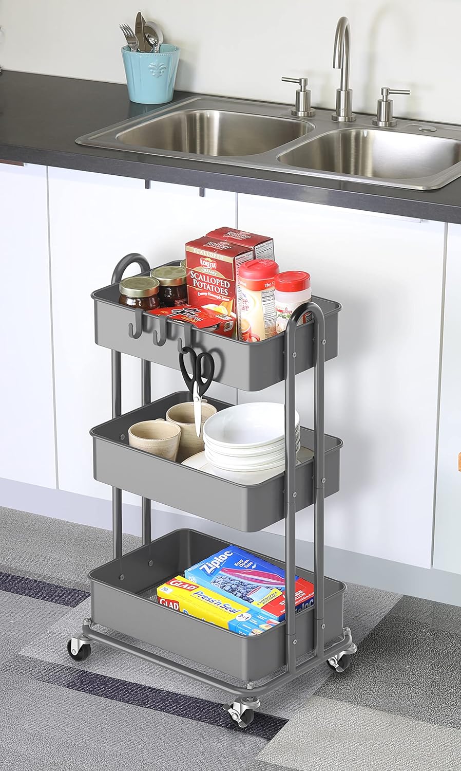 Simple Houseware 3-Tier Heavy Duty Metal Utility Rolling Cart, White