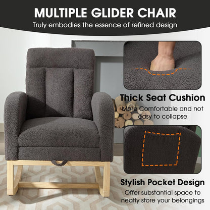 NIOIIKIT Modern Nursery Rocking Chair, Teddy Upholstered Rocking Chair with Footrest, Comfortable Rocker Recliner with Side Pocket, Rocker Glider for Living Room, Bedroom, Nursing Room (Apricot)