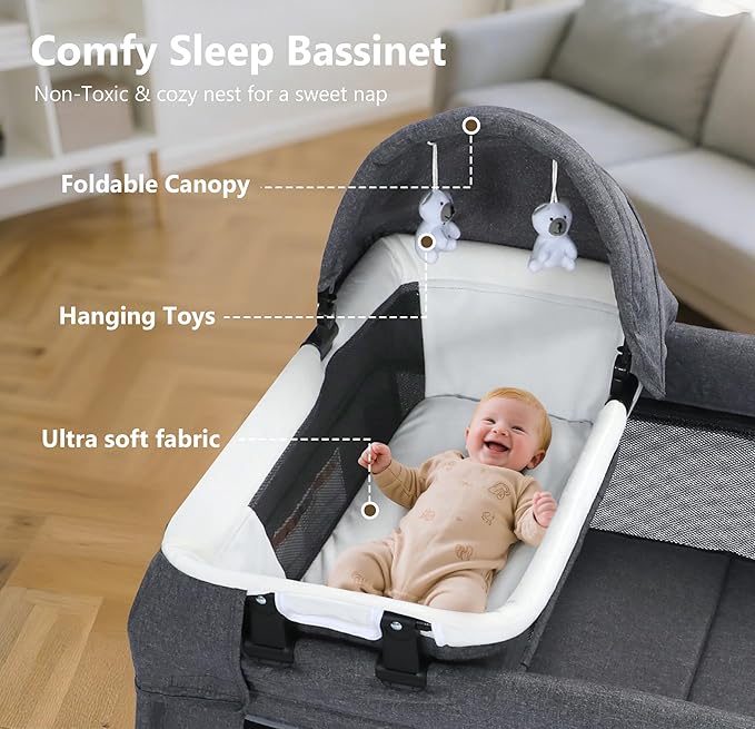 Kinder King 4 in 1 Foldable Pack and Play with Bassinet & Changing Table, Portable Playard for Babies and Toddlers, Adjustable Canopy, Storage Bag, Light Gray