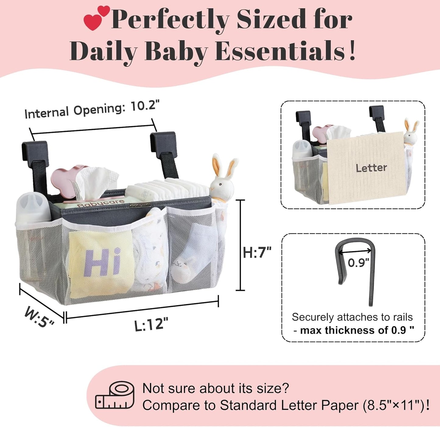 2-Pack Hanging Diaper Organizer for Crib & Changing Table | 50+ Large Capacity Baby Diaper Caddy, Washable Newborn Essentials Organizer for Baby Girl, Ideal Baby Shower Gifts with Hook Straps