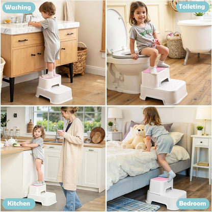 2-Step Toddler Step Stool, Non Slip Kids Step Stool for Bathroom Sink & Toilet Potty Training, Sturdy Stable Base, 10”Height Supports 220 lbs (2Packs White)
