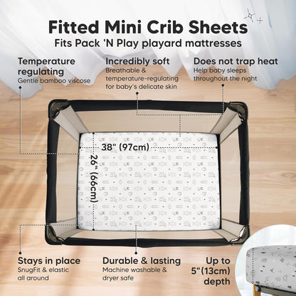 2-Pack Waterproof Pack and Play Sheets, Mini Crib Sheets Fitted for Boy, Girl - 38 x 26 Viscose from Bamboo Pack N Play Mattress Sheets for Graco, Toddler Playard Baby Crib Sheets Neutral (Blue Flax) - Colors B