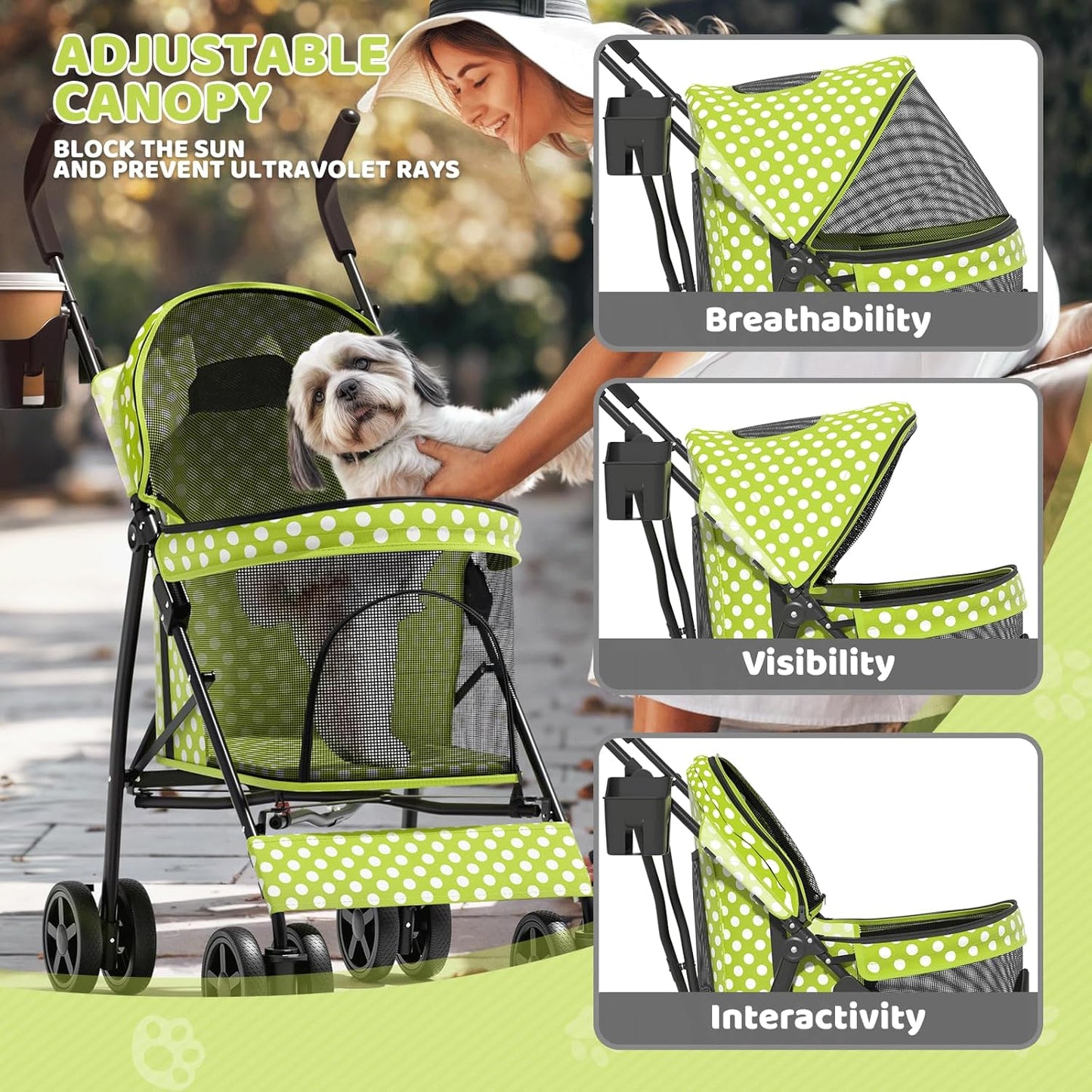 Magshion Compact Pet Stroller for Small-Medium Dogs/Cats up to 22lbs, 4-Wheel Lightweight Umbrella Shaped Portable Puppy Travel Jogger with Breathable Mesh, Cup Holder & Rear Storage, Black
