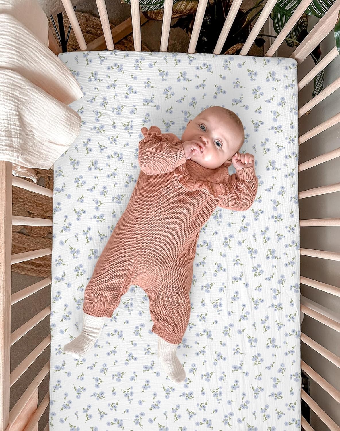 Muslin Bedside Bassinet Sheets 2 Pack, 33x20 Fitted Ultra Soft & Breathable Bedside Sleeper Sheets, Ideal for Baby Girl and Boy, Perfect for Newborns (Hopping Bunnies & Beige)