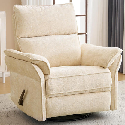 Oversized Glider Rocker Recliner, 26" Extra Wide 360° Swivel Nursery Recliner with Adjustable Headrest, Chenille Rocking Nursery Chair with Overstuffed Armrest, Lumbar Support, Light Grey