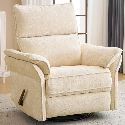 Oversized Glider Rocker Recliner, 26" Extra Wide 360° Swivel Nursery Recliner with Adjustable Headrest, Chenille Rocking Nursery Chair with Overstuffed Armrest, Lumbar Support, Light Grey