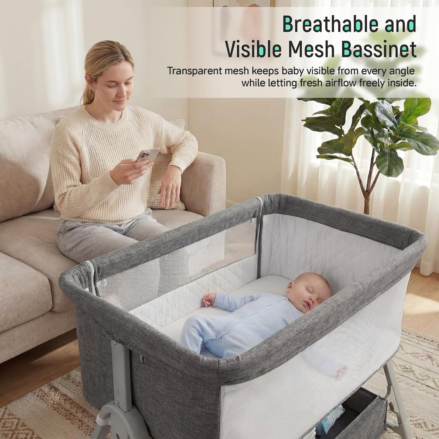Cowiewie Bassinet Bedside Sleeper,3-in-1 Baby Bassinet with Mattress & Wheels,Easy Folding Portable Bedside Bassinet for Baby with Storage & Travel Bag,Breathable Mesh,Stable & Secure,Beige