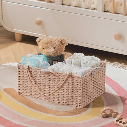 HBlife Large Baby Diaper Caddy Organizer, Paper Rope Storage Baskets Nursery Bin with Removable Divider, Portable Car Organizer for Diapers, Baby Shower Gifts, Newborn Essentials Must Haves