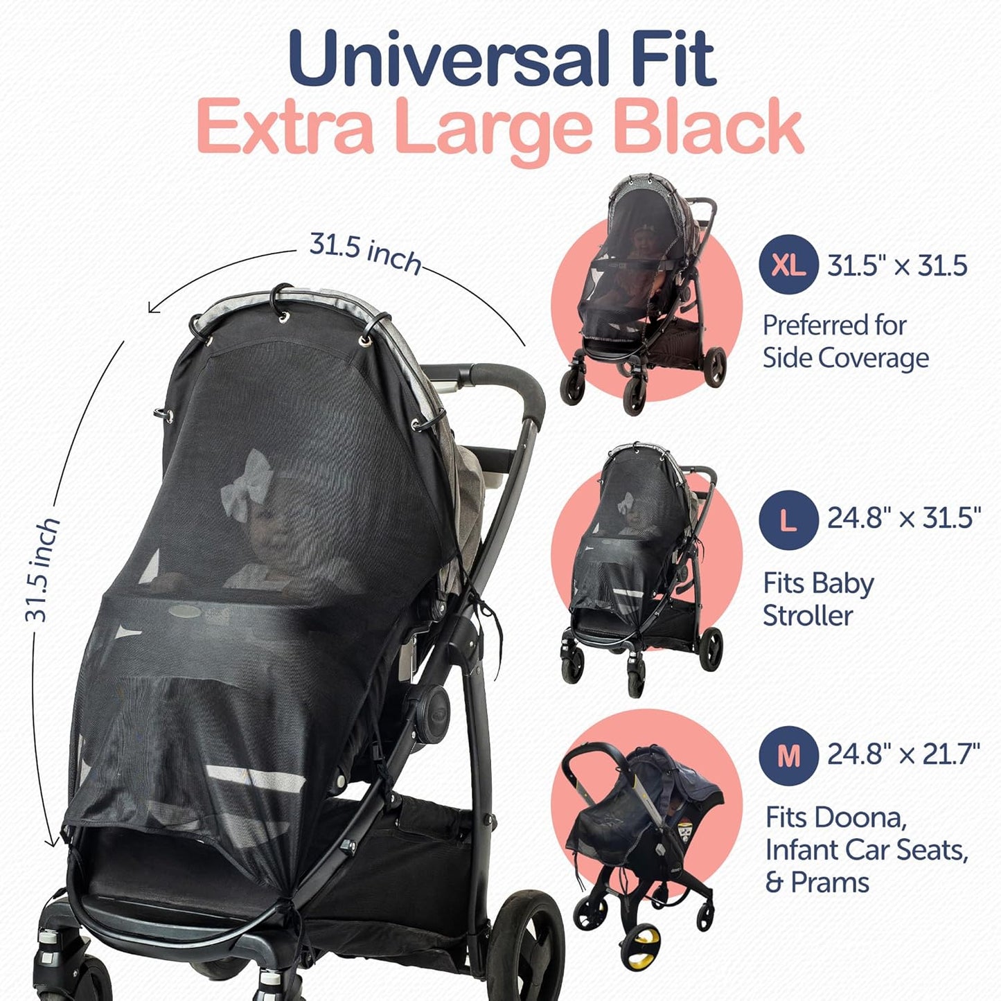 Stroller Sun Shade Extender – Universal Clip-On Baby Stroller Sun Shade Cover, UV Protection, Breathable See-Through Mesh, Adjustable Fit, Large Black