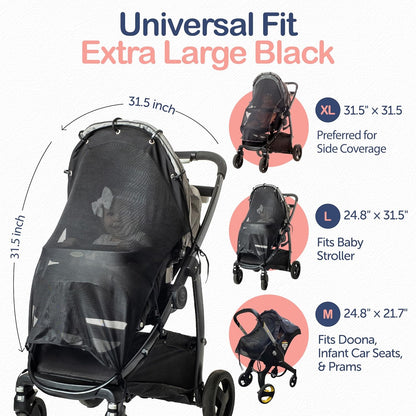 Stroller Sun Shade Extender – Universal Clip-On Baby Stroller Sun Shade Cover, UV Protection, Breathable See-Through Mesh, Adjustable Fit, Large Black