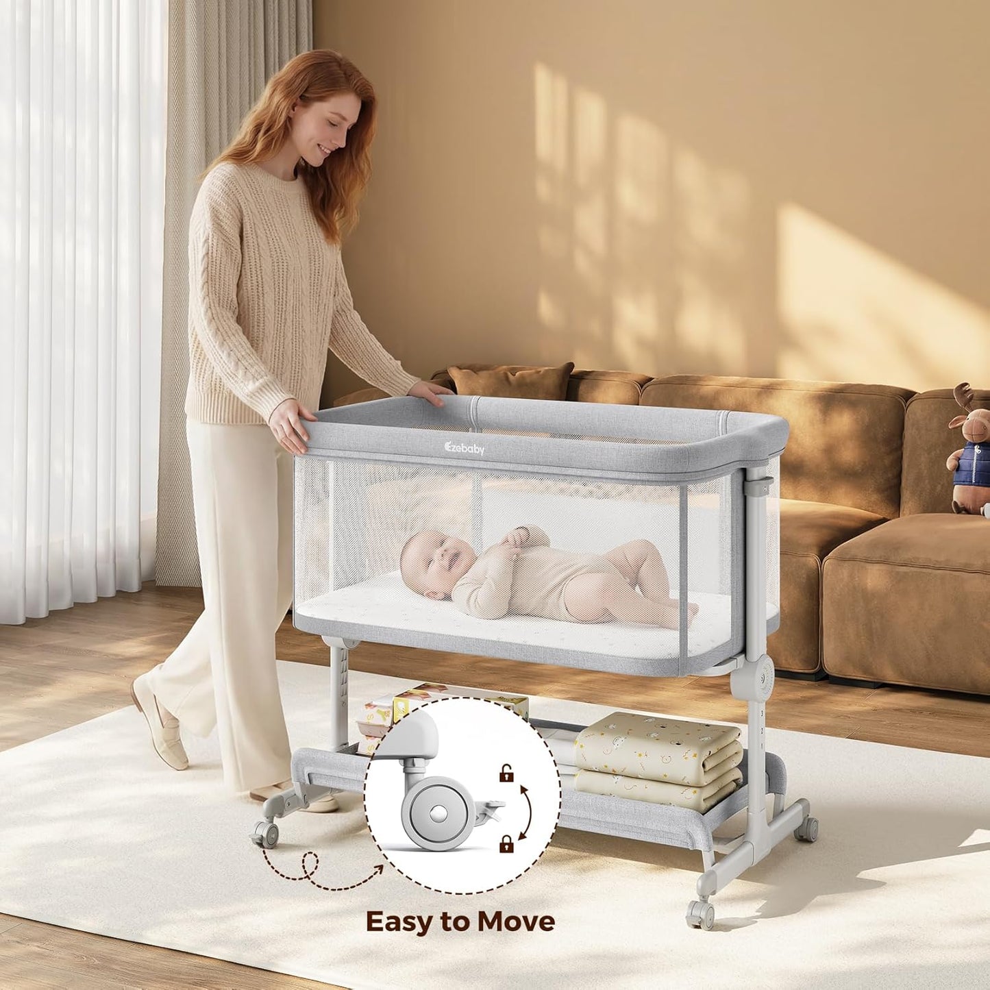 Ezebaby Baby Bassinets Bedside Sleeper, Portable Bedside Bassinet for Baby Newborn Infants with Adjustable 7 Heights and All Mesh Sides, Newborn Crib with Mattress and Soft, Breathable Sheet | Baby bassinets