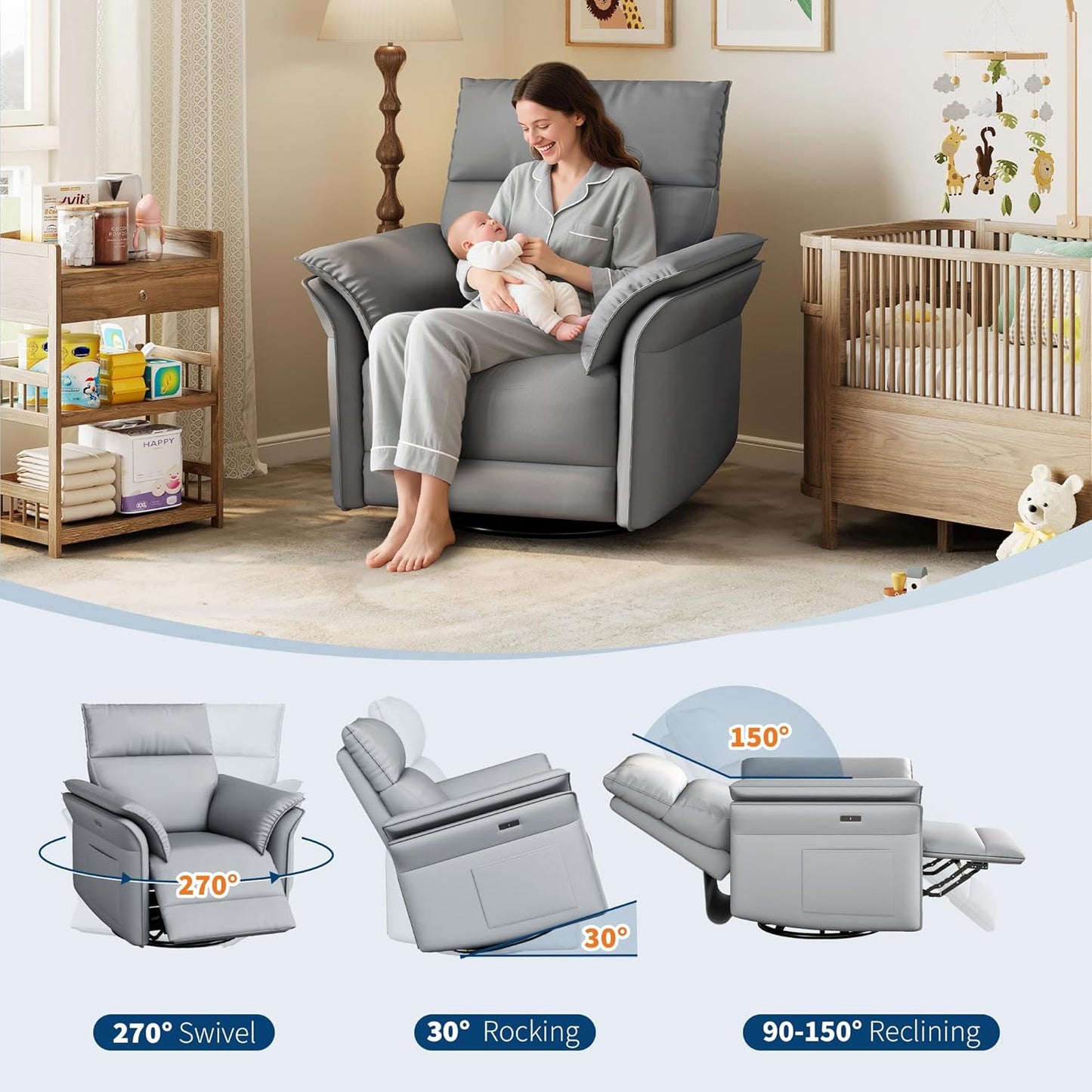 GarveeHome Power Recliner Chair, 270° Swivel Rocking Glider with USB Charging Port, Chenille Upholstered Fabric, Ergonomic Modern Nursery Chair for Living Room, Bedroom, Nursery (Beige)