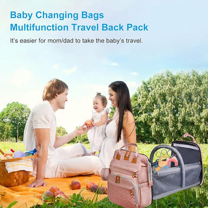 Jeryswet Baby Diaper Bags with Changing Station, Waterproof Large Capacity Diaper Bag Backpack for Moms Dads with USB Charging Port and Stroller Straps, Baby Shower Gifts, Pink-Grey