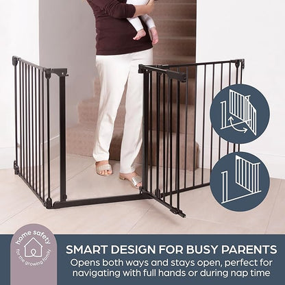 Dreambaby Discovery Metal Baby Gate - 76.5" Extra Wide 3 Panel Walk Through Door for Angled Openings, Configurable for Stairs and Hallways, 29in High