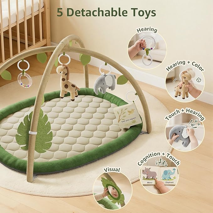 Baby Play Gym & Activity Mat, Baby Play Mat with 5 Detachable Toys, Promotes Motor Skills & Sensory Development, Tummy Time Mat for Baby to Toddler, Baby Essentials Shower Gift, Green