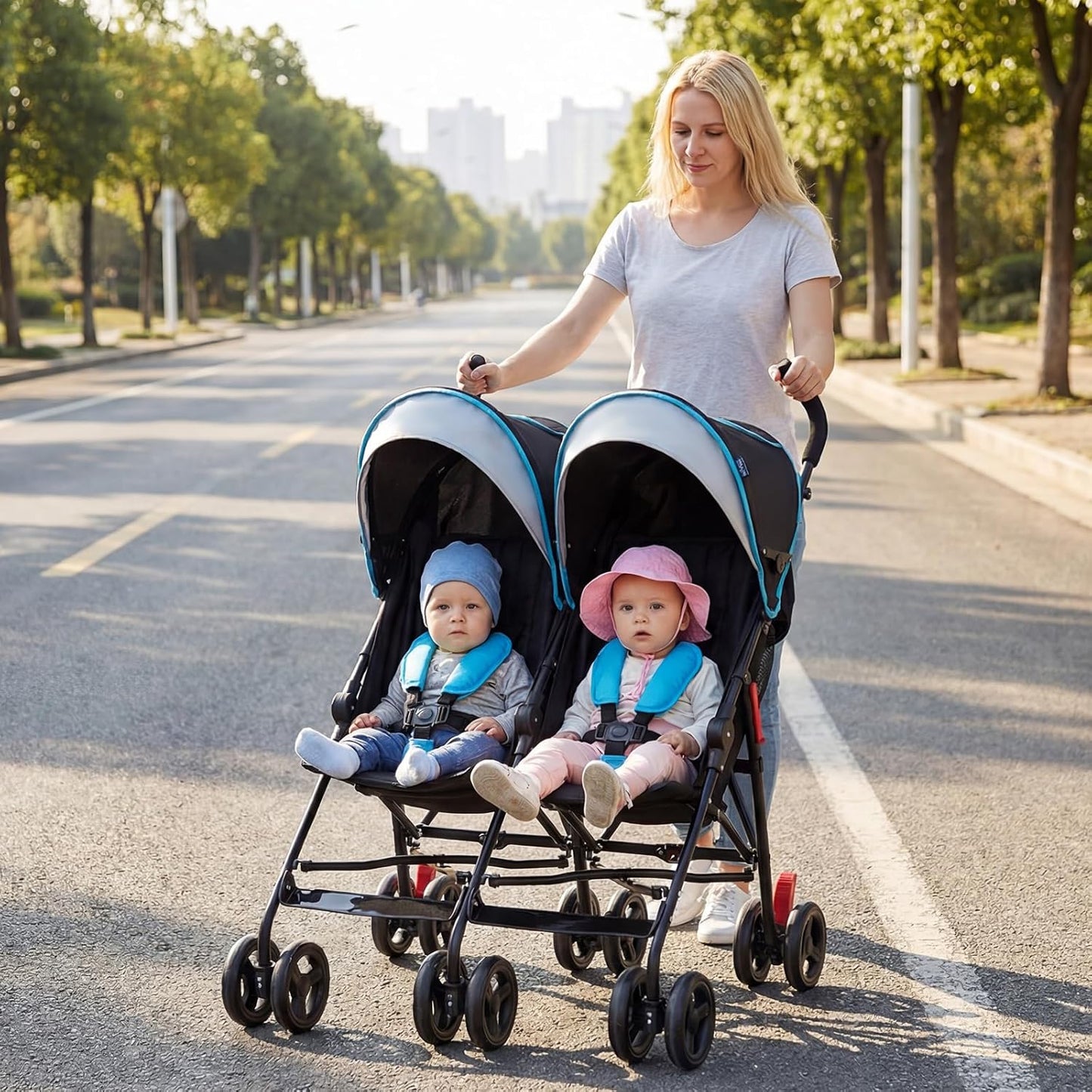 BABY JOY Double Umbrella Stroller, Lightweight Travel Side by Side Twin Stroller with Large Storage, Cup Holder, 5-Point Safety Harness, Adjustable Canopy & Compact Fold for Infant and Toddler (Black)