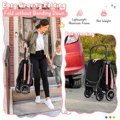 HONEY JOY Lightweight Baby Stroller, Compact Travel Stroller for Airplane, Fits Airplane Cabin & Overhead, One-Hand Gravity Fold, Self-Standing Toddler Stroller w/Adjustable Backrest/Canopy(Pink)