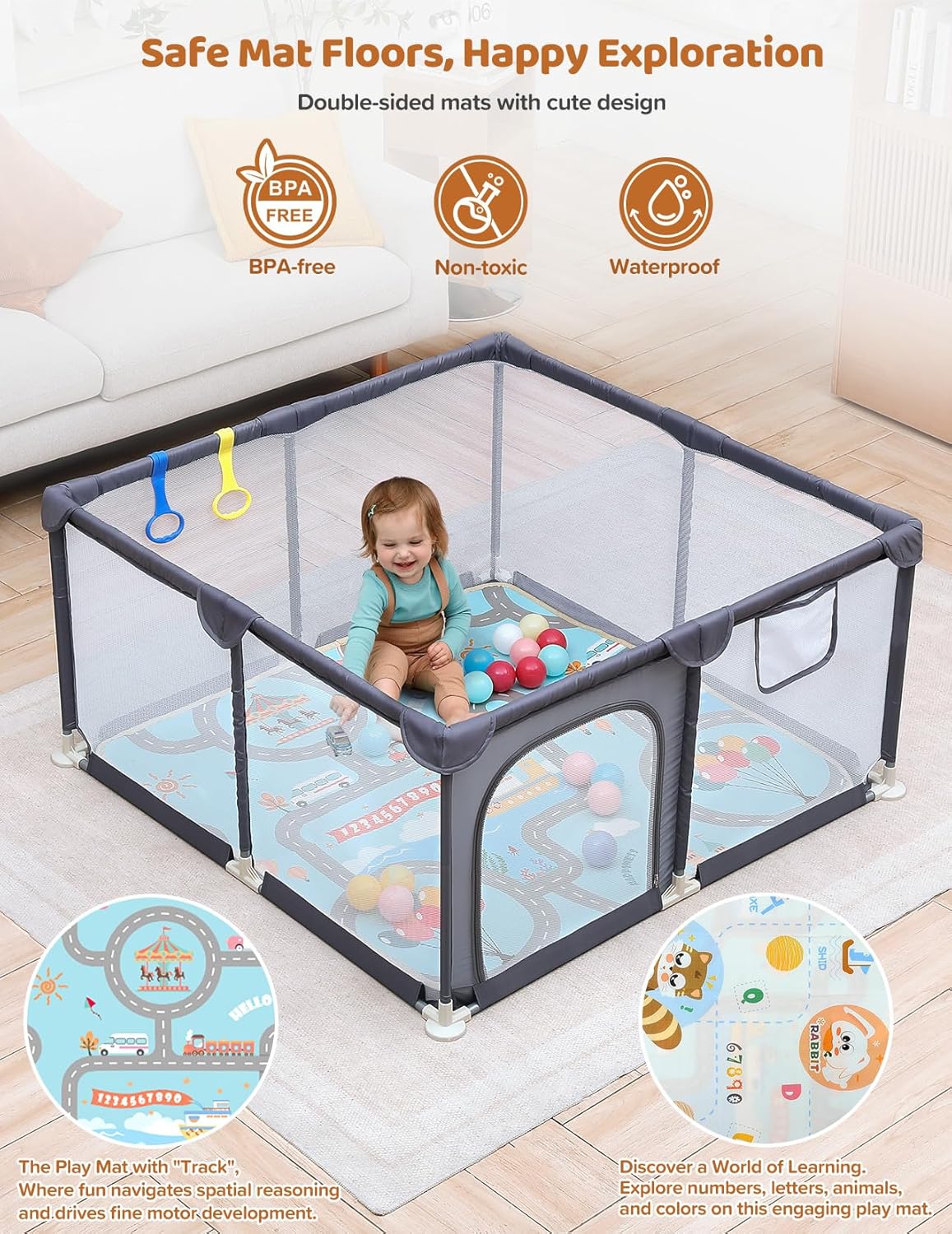 Dripex Baby Playpen, 47"x47" Small Playpen for Babies, Enhanced Safety Baby Play Yard for Indoor & Outdoor, Infant Play Pen with Soft Breathable Visible Mesh, Anti-Fall Design & Easy Setup, Grey