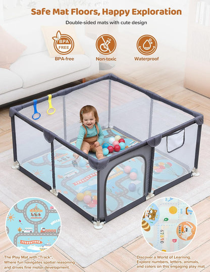 Dripex Baby Playpen, 47"x47" Small Playpen for Babies, Enhanced Safety Baby Play Yard for Indoor & Outdoor, Infant Play Pen with Soft Breathable Visible Mesh, Anti-Fall Design & Easy Setup, Grey