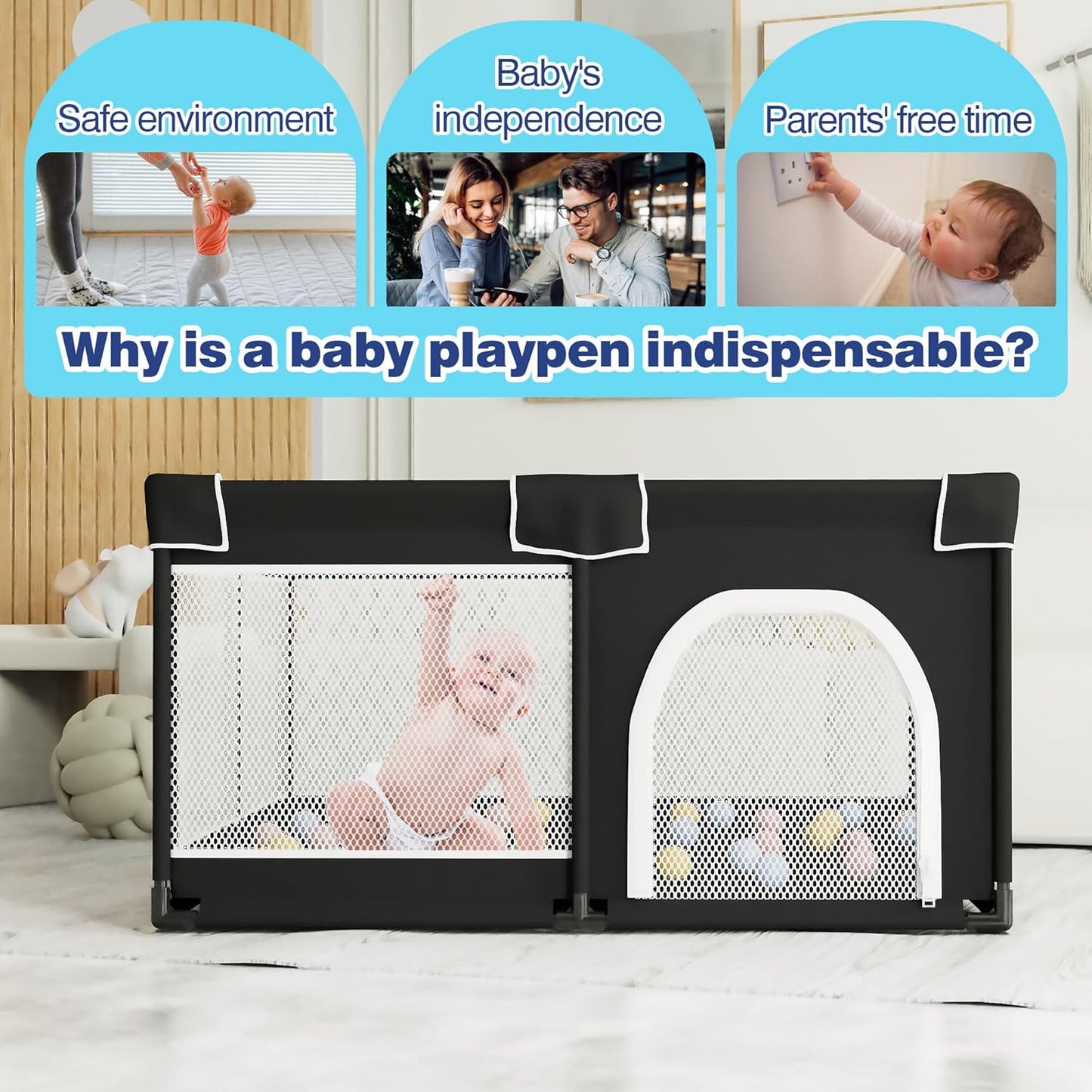 Grobeybees Playpen for Babies and Toddlers, Small Baby Playpen, Playard with Bag, Indoor & Outdoor Play Pen, Sturdy Safety Baby Play Yard with Soft Breathable Mesh(Black, 36x36 inches)