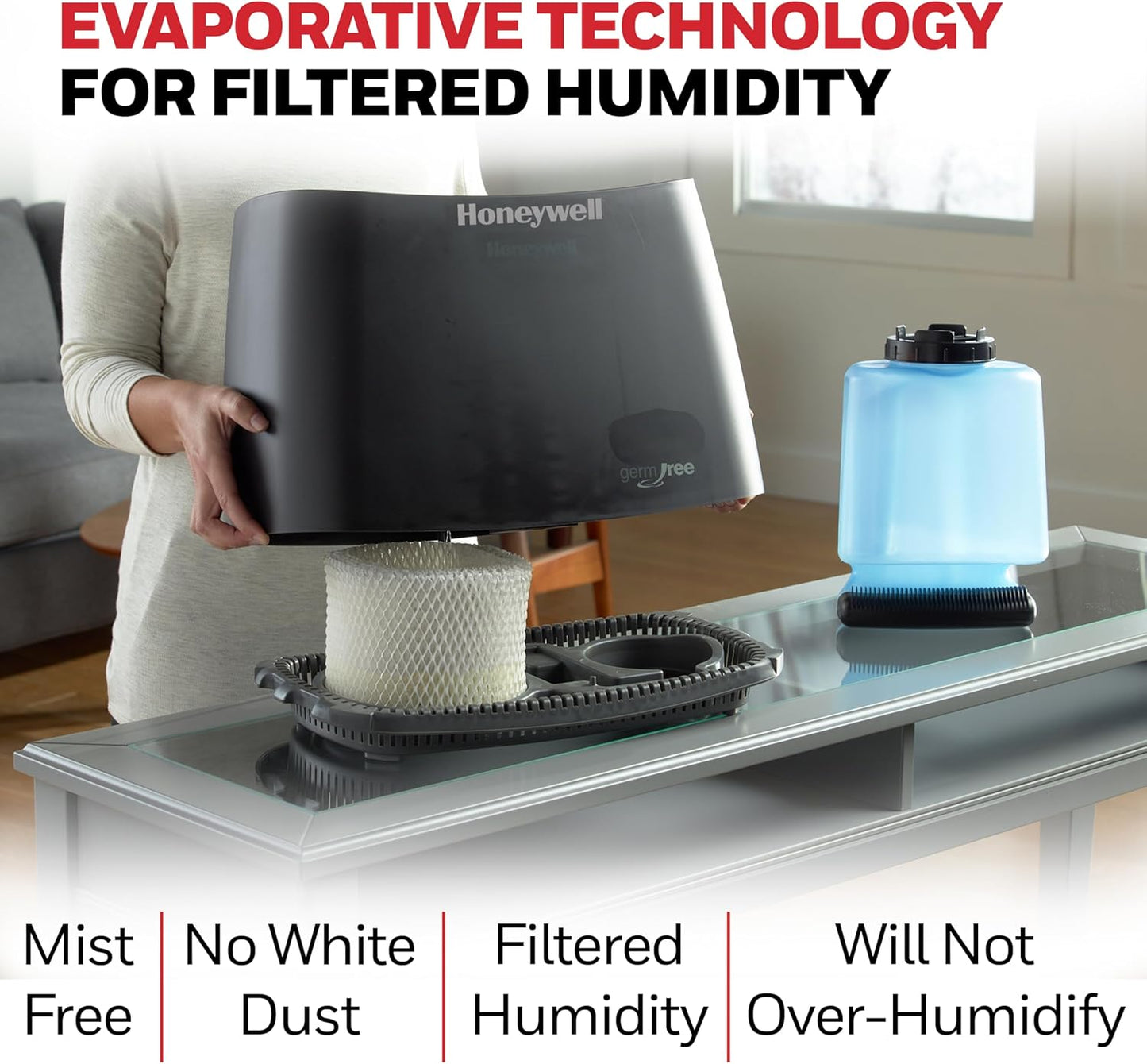 Honeywell Cool Moisture Humidifier For Bedroom, Medium Rooms, 1.1 Gallon, Invisible Moisture Humidifier for Baby, Kids, Quiet, Easy to Clean, UV Technology, Black, HCM350B