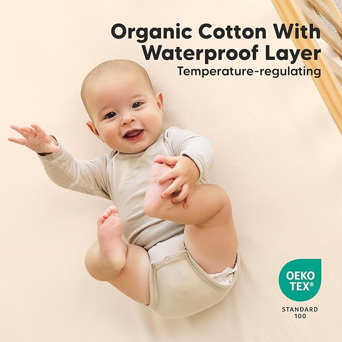 2-Pack Waterproof Crib Sheets for Boys, Girls - 52x28 Fitted Organic Cotton Baby Crib Sheets, Toddler Mattress Protector Cover, Washable, Soft & Durable Baby Bedding Essentials (Cameo)