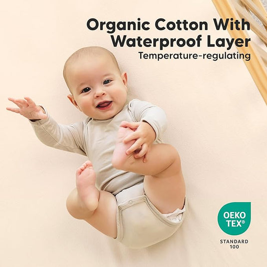 2-Pack Waterproof Crib Sheets for Boys, Girls - 52x28 Fitted Organic Cotton Baby Crib Sheets, Toddler Mattress Protector Cover, Washable, Soft & Durable Baby Bedding Essentials (Cameo)