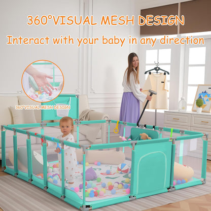 Baby playpen, 79"x71"Baby Playpen with Mat Indoor＆Outdoor Playpen for Babies and Toddlers with Breathable Play Pen with Ocean Balls Hanging Pocket Basketball Hoop (Gray)