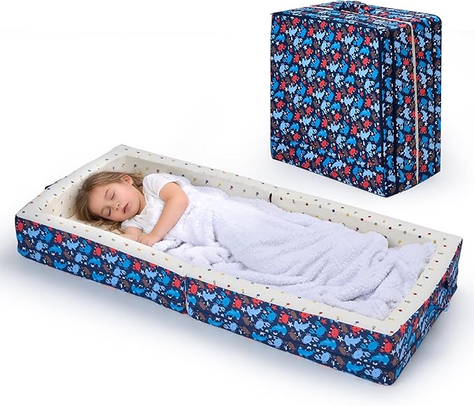Umoving 100% Cotton Lining Portable Foldable Toddler Travel Bed - Soft Foam Floor Bed with Washable Cover, Safe and Comfortable Toddler Crib, Ocean Blue