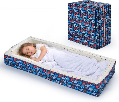 Umoving 100% Cotton Lining Portable Foldable Toddler Travel Bed - Soft Foam Floor Bed with Washable Cover, Safe and Comfortable Toddler Crib, Ocean Blue