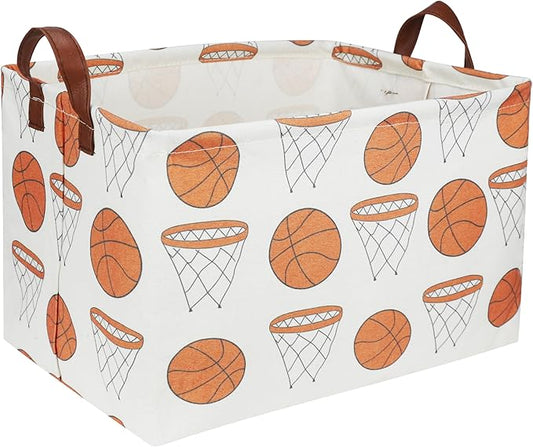 Rectangular Baketball Baskets,Kids Basket for Boy.Waterproof PE Coating Cute Basket with Handles.Boys Bin,Toys Box,Books Bins. (Basketball)