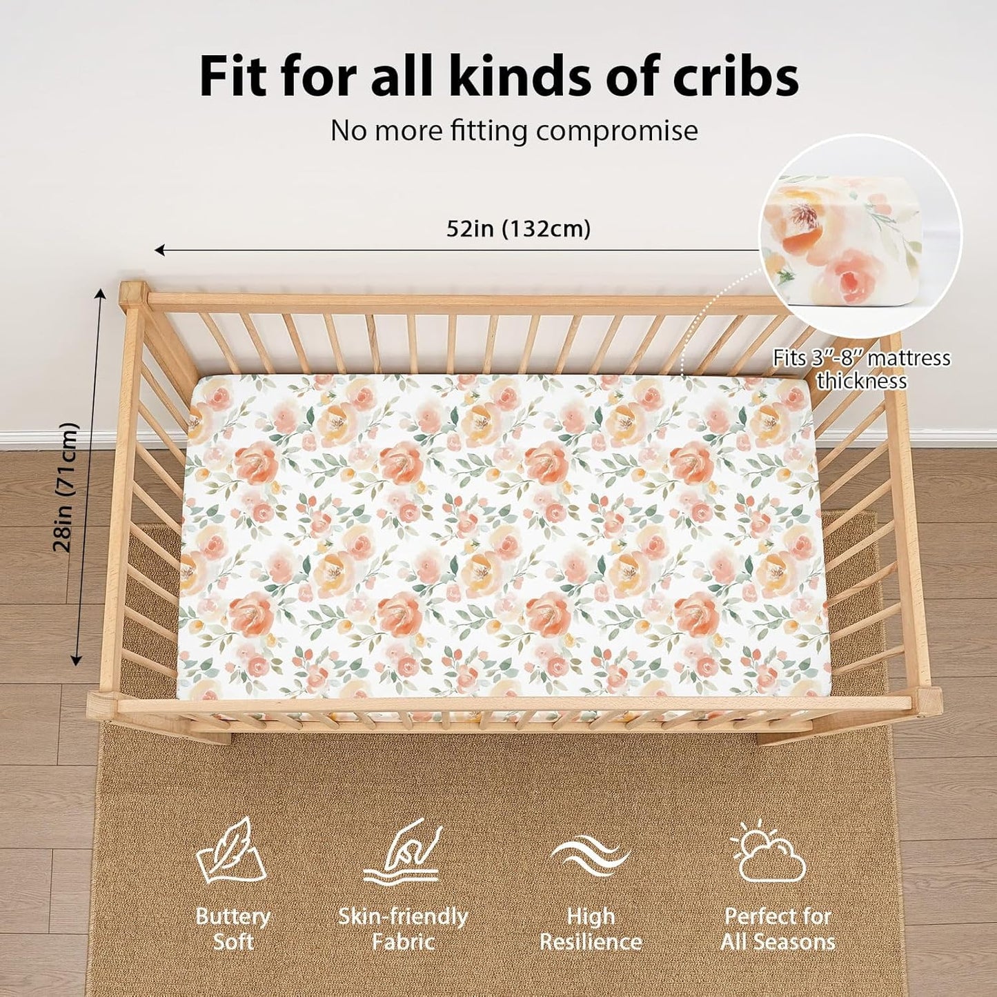Baby Mini Crib Sheets Girl, Portable 38”x26” Pack and Play Sheets Fitted for Playard and Pack N Play Mattress, 3-Pack Soft Microfiber Pink Rainbow