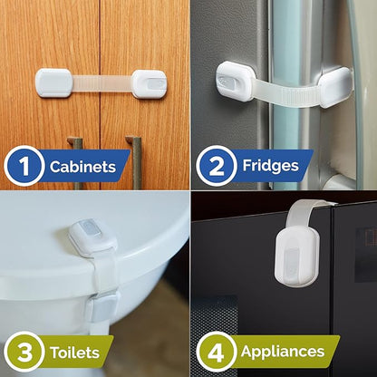 Child Safety Strap Locks (6-Pack) Baby Locks for Cabinets and Drawers, Toilet, Fridge & More. 3M Adhesive Pads. Easy Installation (White/Gray)
