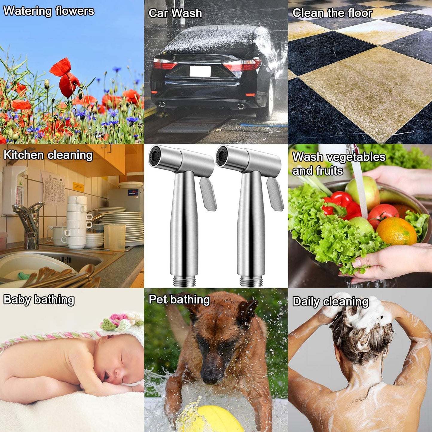 Mudder 2 Pieces Bidet Sprayer Head Stainless Steel Bidet Attachment for Toilet Handheld Cloth Bathroom Diaper Sprayer for Kitchen Adjustable Water Pressure Control (Black)