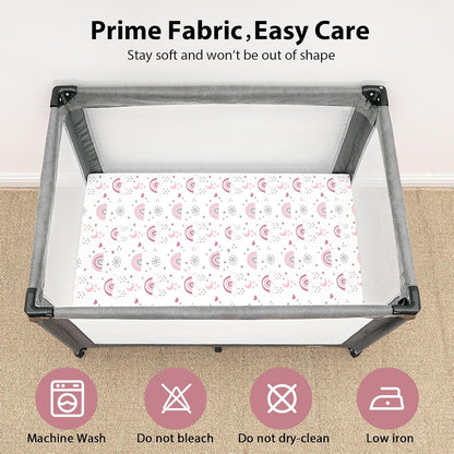 Baby Mini Crib Sheets Girl, Portable 38”x26” Pack and Play Sheets Fitted for Playard and Pack N Play Mattress, 3-Pack Soft Microfiber Pink Rainbow