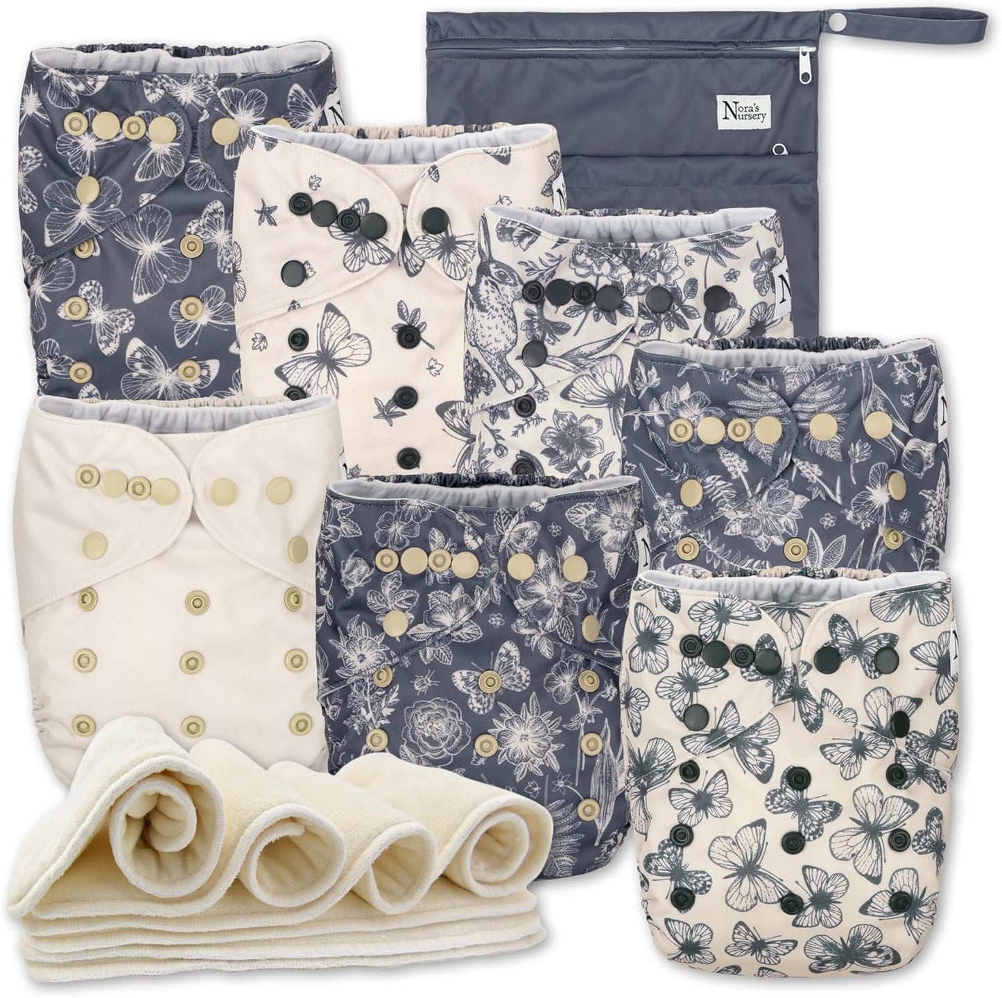 Nora's Nursery Cloth Diapers 7 Pack with 7 Inserts & 1 Wet Bag - Waterproof Cover, Washable, Reusable & One Size Adjustable Pocket Diapers for Newborns and Toddlers - Delilah