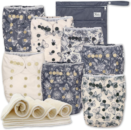 Nora's Nursery Cloth Diapers 7 Pack with 7 Inserts & 1 Wet Bag - Waterproof Cover, Washable, Reusable & One Size Adjustable Pocket Diapers for Newborns and Toddlers - Delilah