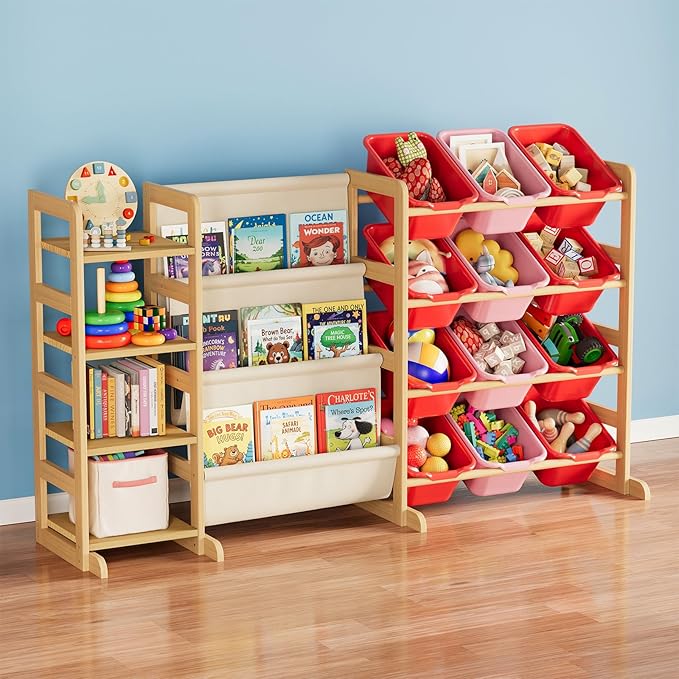 SpaceAid 3-in-1 Toy Storage Organizer with 4 Shelves and 12 Bins, Toy Organizers Storage 3-Tier Bookshelf, Kids Bin Shelf Box Bookcase for Bedroom Playroom Organization Room Decor, Red and Pink