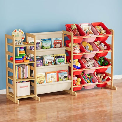 SpaceAid 3-in-1 Toy Storage Organizer with 4 Shelves and 12 Bins, Toy Organizers Storage 3-Tier Bookshelf, Kids Bin Shelf Box Bookcase for Bedroom Playroom Organization Room Decor, Red and Pink