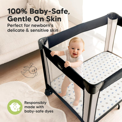 2-Pack Waterproof Pack and Play Sheets, Mini Crib Sheets Fitted for Boy, Girl - 38 x 26 Viscose from Bamboo Pack N Play Mattress Sheets for Graco, Toddler Playard Baby Crib Sheets Neutral (Blue Flax) - Colors B