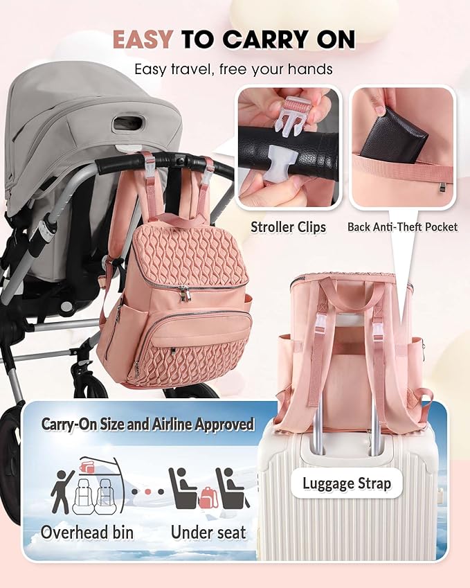 Diaper Bag Backpack, Large Baby Bag for Girl Boy, Travel Diaper Backpack with Insulated Pocket, Cute Diaper Bag Stroller Straps, Baby Shower & Registry Gift for Mom Dad Pink