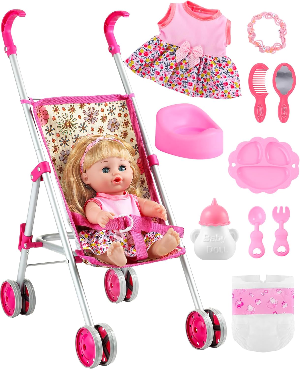 GAGAKU Baby Doll Stroller for Toddlers, Foldable Toy Stroller with Storage Basket and Bag, Diapers - Reborn Doll Accessories for Girls & Kids Ages 3+, Pink