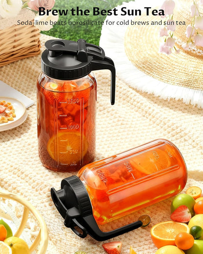 64oz Glass Breast Milk Pitcher with Lid & Pour Spout, 2 Quart Airtight Leakproof BreastMilk Fridge Storage Container - Wide Mouth, Dishwasher Safe Formula Pitcher with Handle